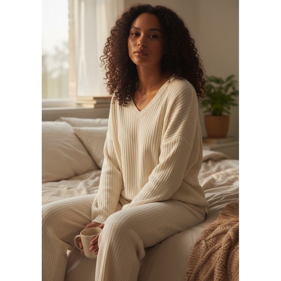 Shein Cream Ribbed Knit  2pc Set V Neck Top Wide Leg Pants Cozy Workwear 2X # - Picture 10 of 16